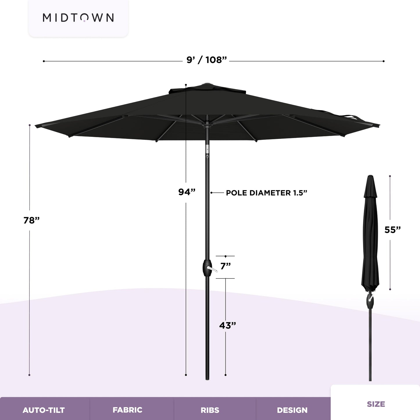 Midtown Umbrellas - The Lean 9 Ft Patio Umbrella with Fade-Resistant Sunbrella Fabric, Auto-Tilt Aluminum Frame and 8 Reinforced Ribs for Deck, Pool & Garden - Black Canopy, Black Pole