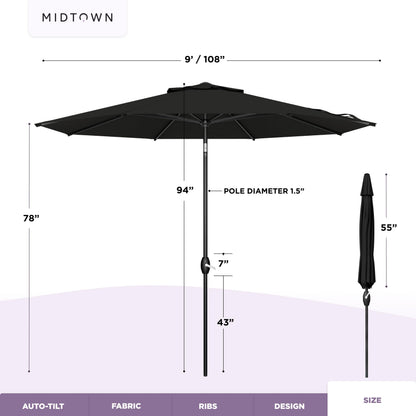 Midtown Umbrellas - The Lean 9 Ft Patio Umbrella with Fade-Resistant Sunbrella Fabric, Auto-Tilt Aluminum Frame and 8 Reinforced Ribs for Deck, Pool & Garden - Black Canopy, Black Pole