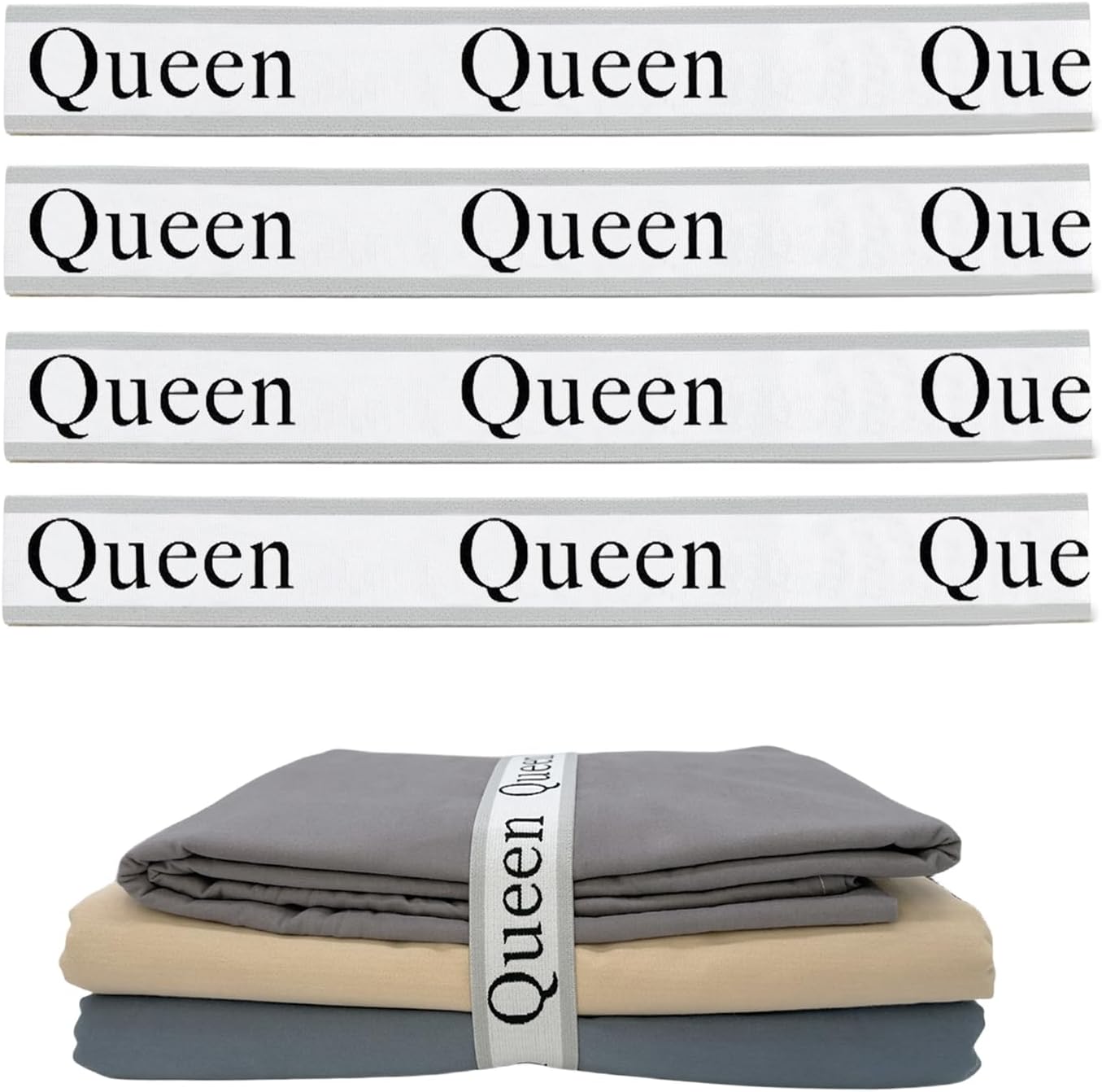 4 Pieces Grey Bed Sheet Organizer Bands, Storage Label Bands for Closet, Bedding Linen Labels (4Pcs Queen)