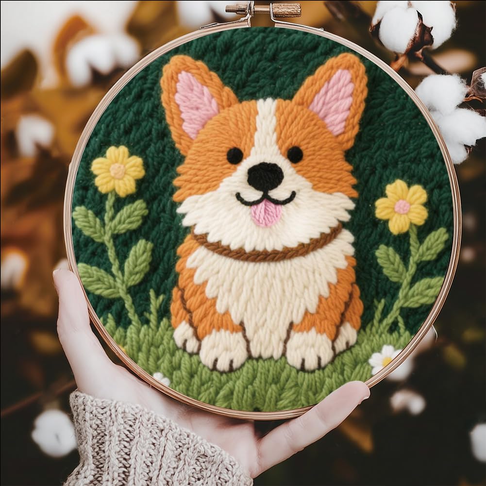 FREEBLOSS DIY Corgi Punch Needle Kit for Beginners Embroidery Punch Needle Starter Craft Set with Instructions Frame Embroidery Kit for Adults Gift Decoration 7.9''/20cm