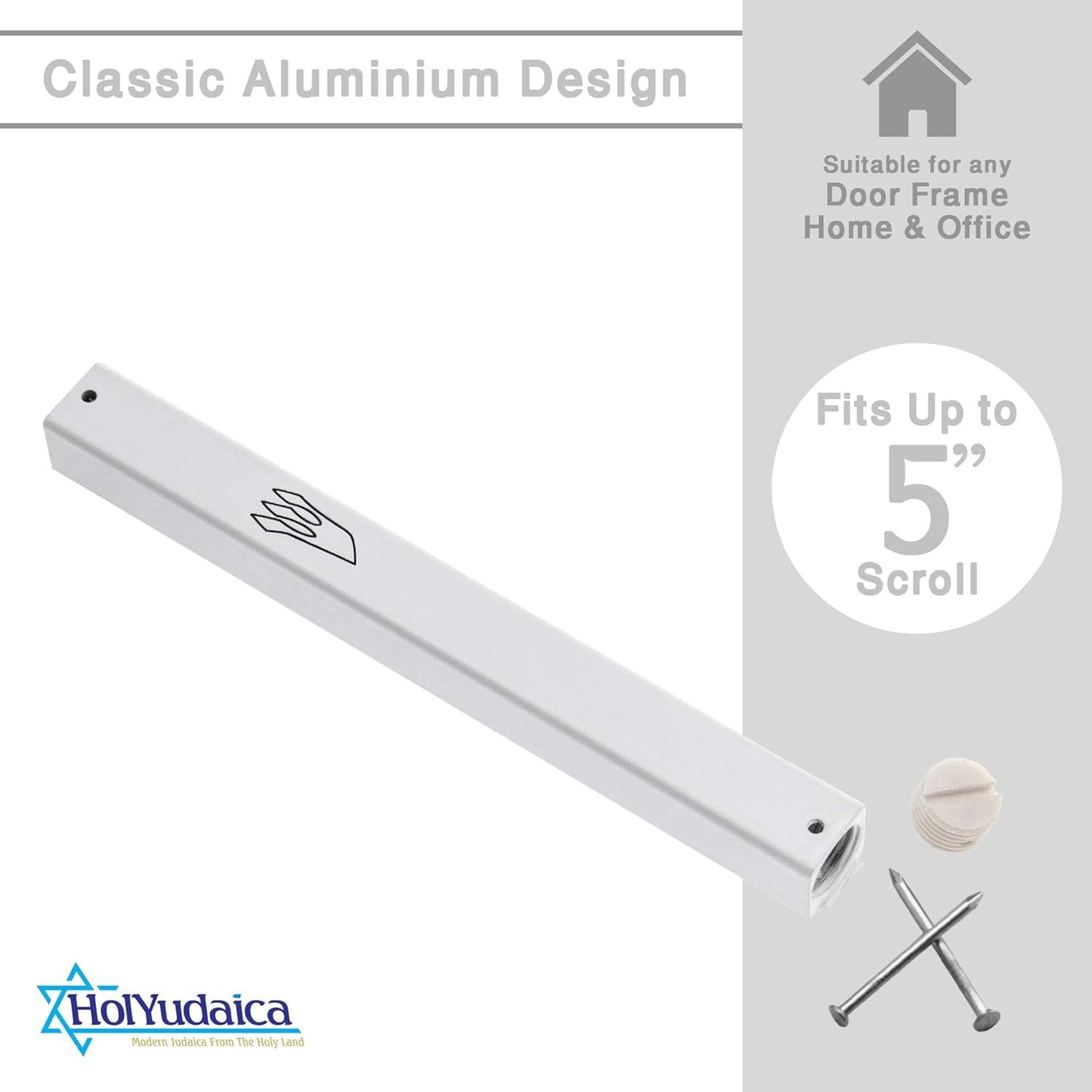 3-Pack Classic Aluminum Mezuzah Case for Mezuzah Scroll (with Nail), Weather Proof, Easy Peel and Stick (White, 5.5inch)