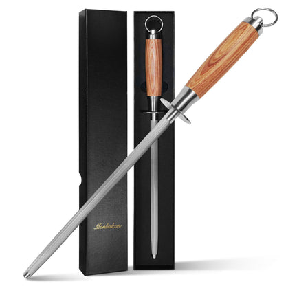 Monbalcon Honing Rod 10'', German High Carbon Steel Knife Sharpener Rod with Premium Gift Box, Professional Fine Sharpening Stone Kitchen Knife Whetstone with Natural Wood Handle, 10 inch