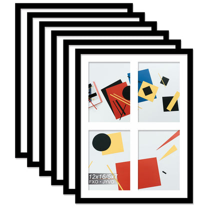 Fxojyvo 5x7 Picture Frame Collage Set of 6, Display 4 5x7 Picture Collage or 12x16 Photo Only Without Mat, Light Weight and High Transparent Frame for Wall - 6 Pack/Black/4-Openings