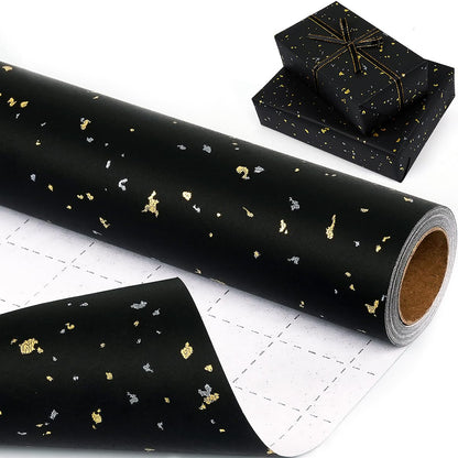 Black Wrapping Paper Roll - 17Inch×33Feet, Black and Gold Foil Wrapping Paper, Matte Kraft Gift Wrap Paper with Silver and Gold Foil Flake for Birthday Wedding Baby Shower Christmas Holiday All Occasions