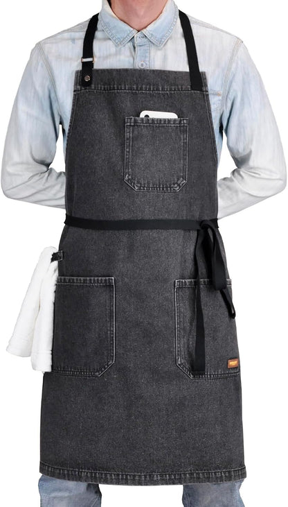 '-2) Denim Apron with Pockets, Professional for Mens Womens Chef Kitchen Cooking Grill BBQ Painting Baking, Black Bib