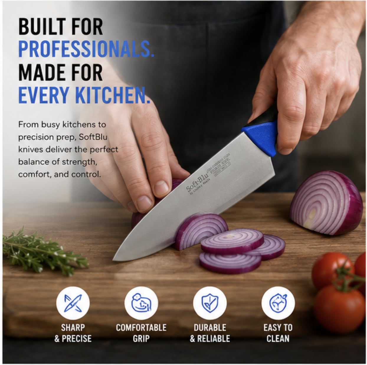 Cutlery Mania SoftBlu Professional Kitchen Knifes, X50CrMoV15 German Stainless Steel, Non-Slip Soft Grip Handle (Chef, 8")