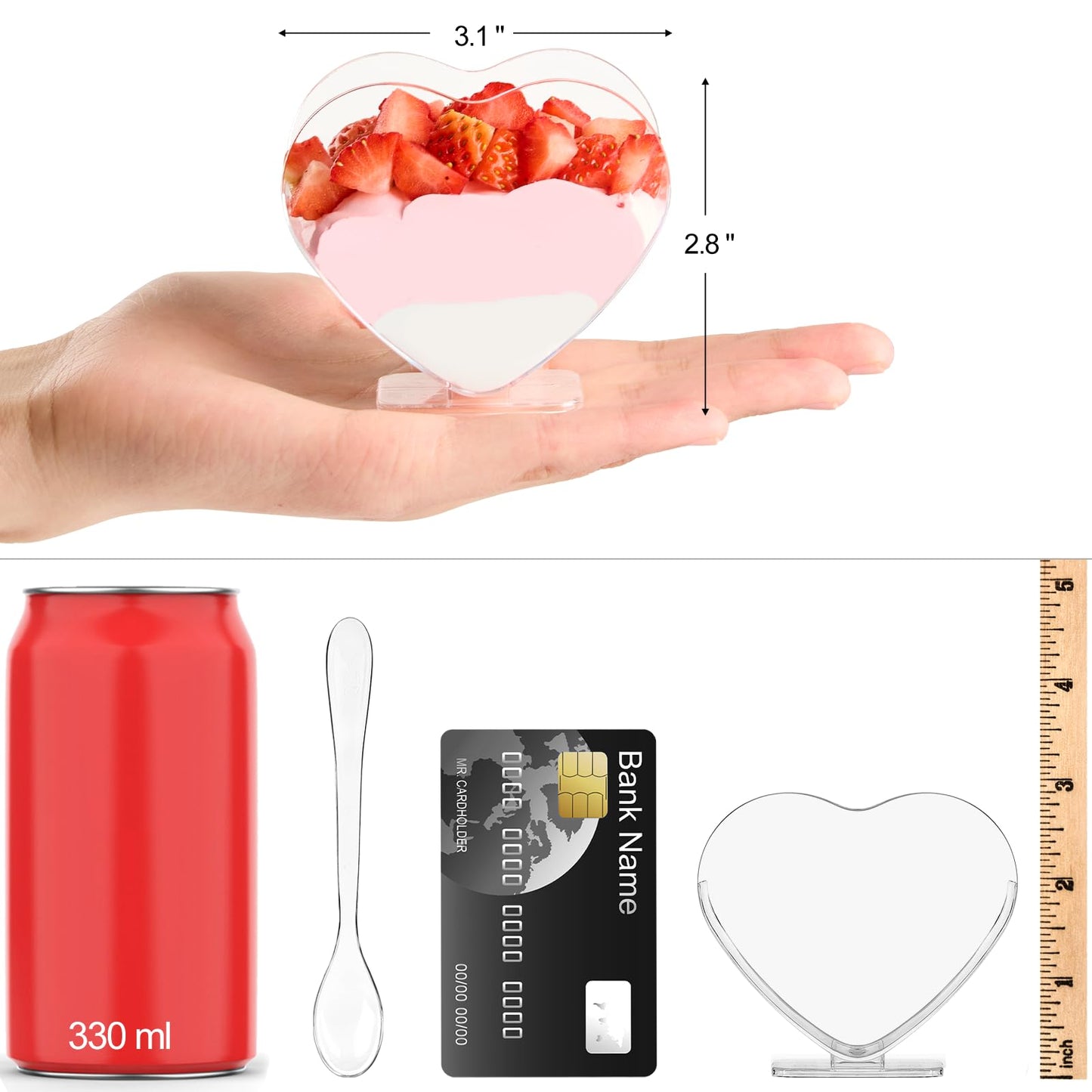 Qeirudu 100 Pack 2.7 oz Heart Shaped Mini Dessert Cups with Spoons, Small Clear Parfait Cups, Plastic Party Serving Cups for Mousses, Puddings, Fruits