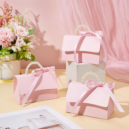 BENECREAT 16Set Wedding Favors Box DIY Set, Pink Kraft Paper Box with Pearl Handle, Ribbons, Stickers, Gift Boxes for Birthday, Party Favor, Boutique, Wedding and Anniversary