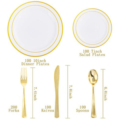 I00000 600 Pcs Gold Plastic Plates for 100 Guests.Disposable Plates for Party,Plastic Dinnerware Set of 100 Dinner Plates,100 Salad Plates,400 Gold Silverware Set(100 Spoons,100 Knives,200 Forks).
