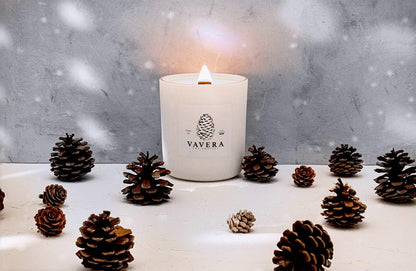 VAVERA Fraser Fir Candle Natural Wooden Wick (11oz Matte White Jar). Vegan Soy Christmas Candle. Pine Candles, Great for The Holidays. Non Toxic Candles for Women or Men. Hand-Crafted in USA.