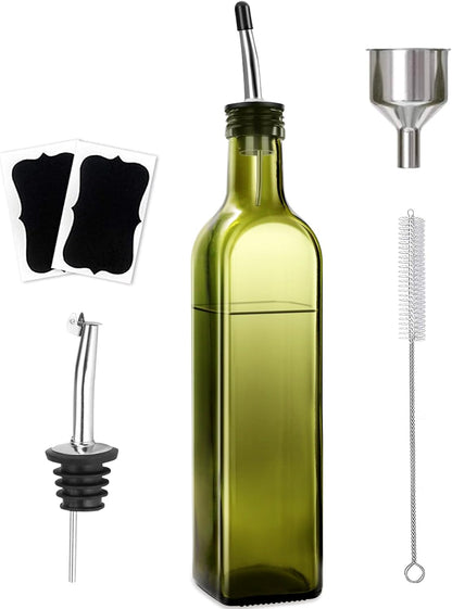Leaflai 1 Set 2 2Labels,1 1 17 oz(500ml) Olive Oil Dispenser Bottle, Pcs Green Glass Olive Oil Dispenser and Vinegar