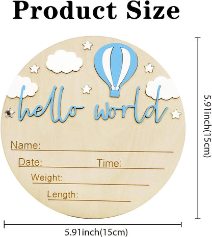 Skiennix Baby Announcement Sign - 5.9 Inch Wooden Hello World Newborn Sign with Pen | Hot Air Balloon & Cloud Design (Blue)