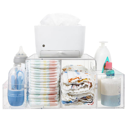NANYEZH Acrylic Diaper Caddy, Baby Wipes Organizer for Changing Table, Dresser Top Tabletop Organizer with 4 Detachable Compartments, Anti-slip Rubber Feet, Newborn Baby Essentials, Clear