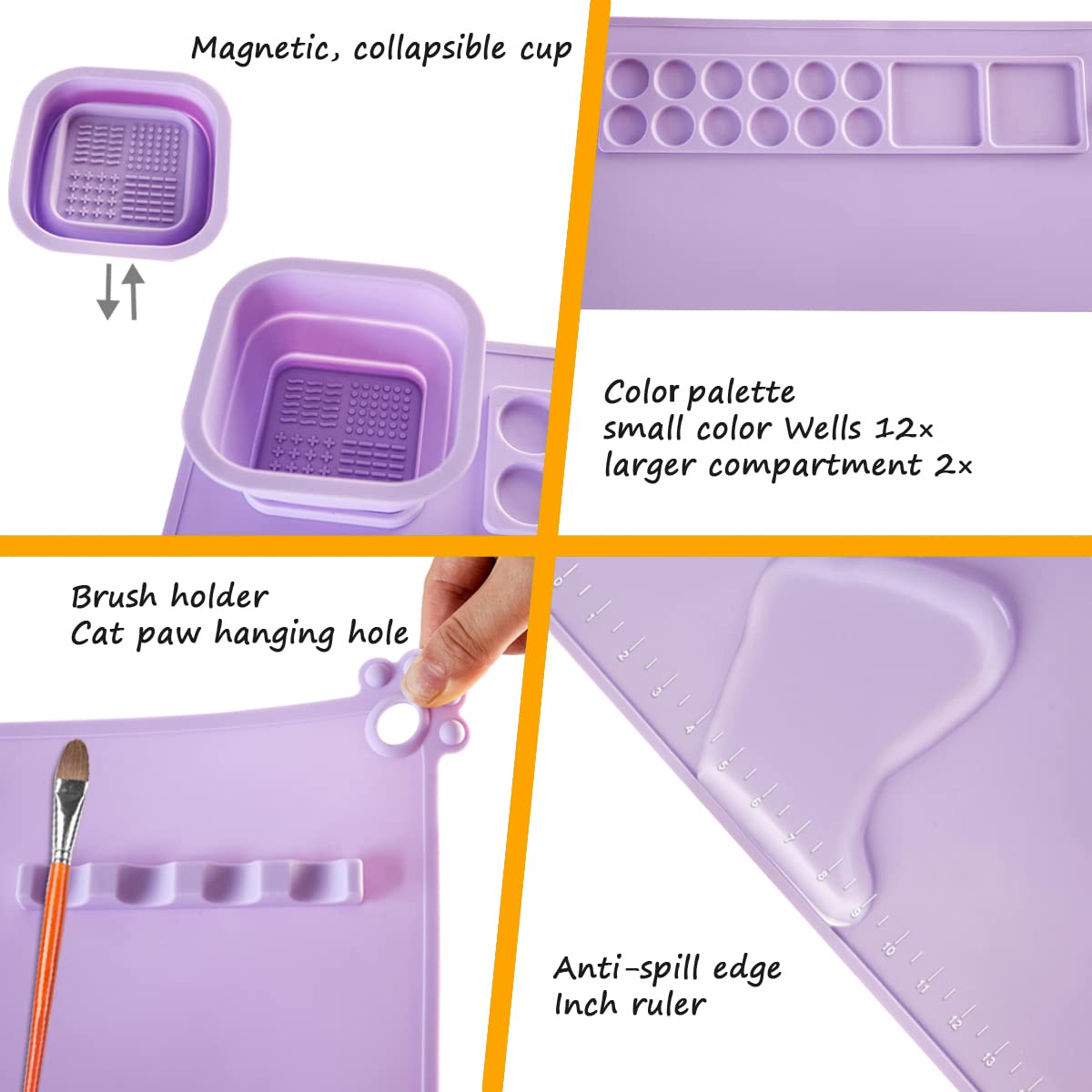 SHNOKER Silicone Craft Mat 21.7"x17.7" Super Large Silicone Painting Mat with 1 Magnetic Cup and Color Palette for Kids and Artist (Purple)
