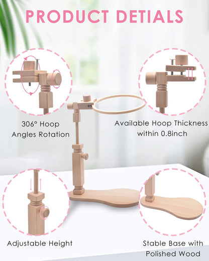 TINDTOP Beech Wood Embroidery Hoop Stand, with 3pcs Embroidery Hoops (3inch + 6inch + 8inch), Adjustable Rotated Wooden Embroidery Hoop Holder for Cross Stitch and Embroidery Projects