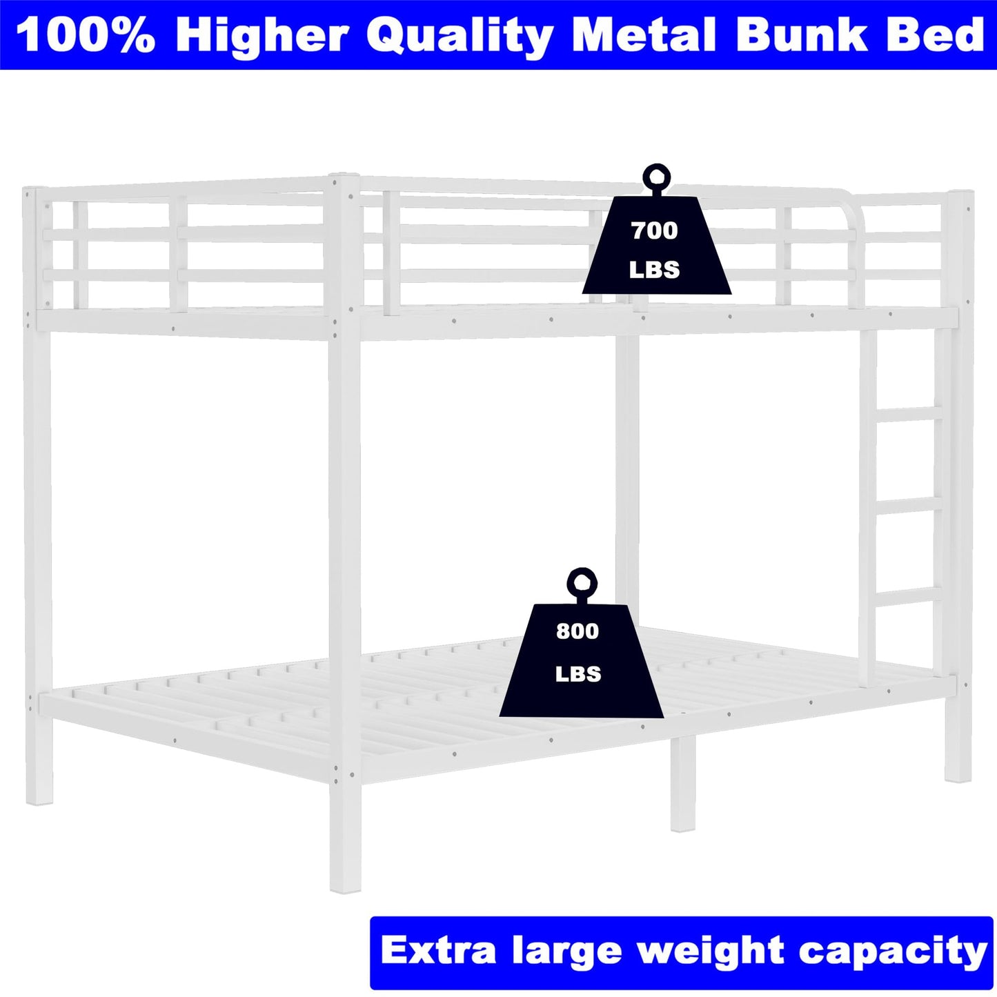 SIMPLEZC Upgraded Version Thickened Heavy-Duty Metal Full XL Over Full XL Bunk Bed, Higher Quality & Stronger Steel Bunk Bed Full XL Size with Ladder and Guard Rail for Adults (White,Full XL)