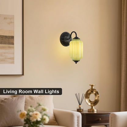 Pandaluna Vintage Wall Sconce, Green Milk Glass Light Fixture, 5.5In Art Deco Antique Wall Sconce for Bedroom Bathroom Living Room Hallway Entryway, E12 LED Bulb Included, Black & Green 2 Pack