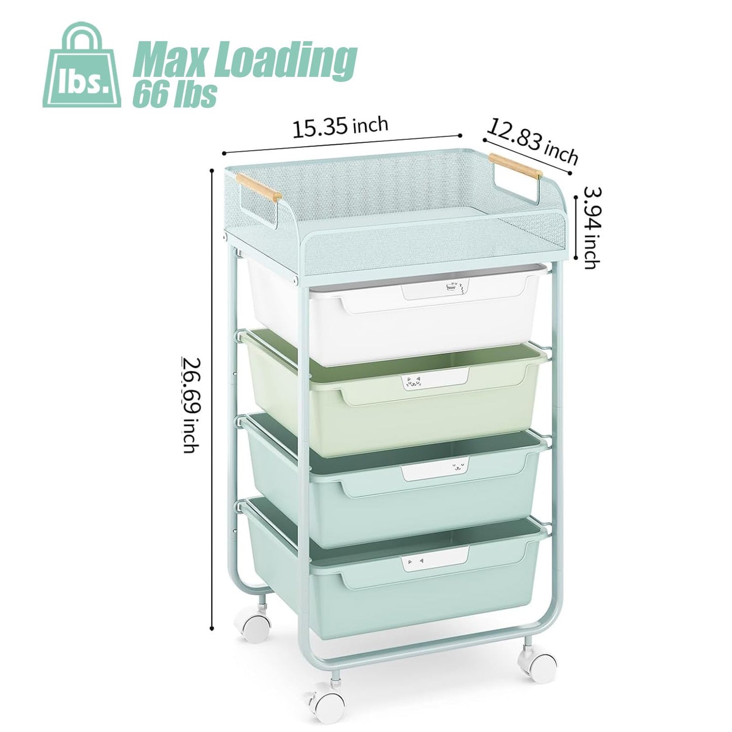 SYKIARIOL 4-Drawer Rolling Storage Cart with Mesh Top, Utility Craft Organizer Cart on Wheels with DIY Labels, Rolling Drawer Cart for Home Office Classroom Bedroom, Green