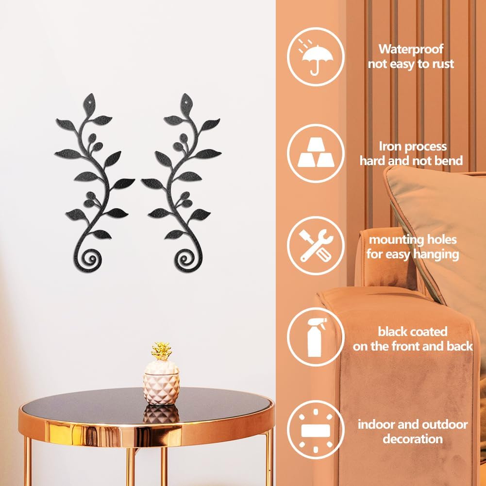WADORN 2 Pieces Metal Wall Decor, Black Olive Branch Leaf Wall Art Decoration, Wrought Iron Scroll Vine Art for Indoor