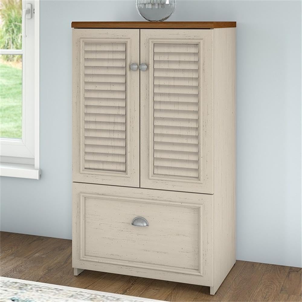 Bush Furniture Fairview 2 Door Storage Cabinet with File Drawer in Antique White and Tea Maple