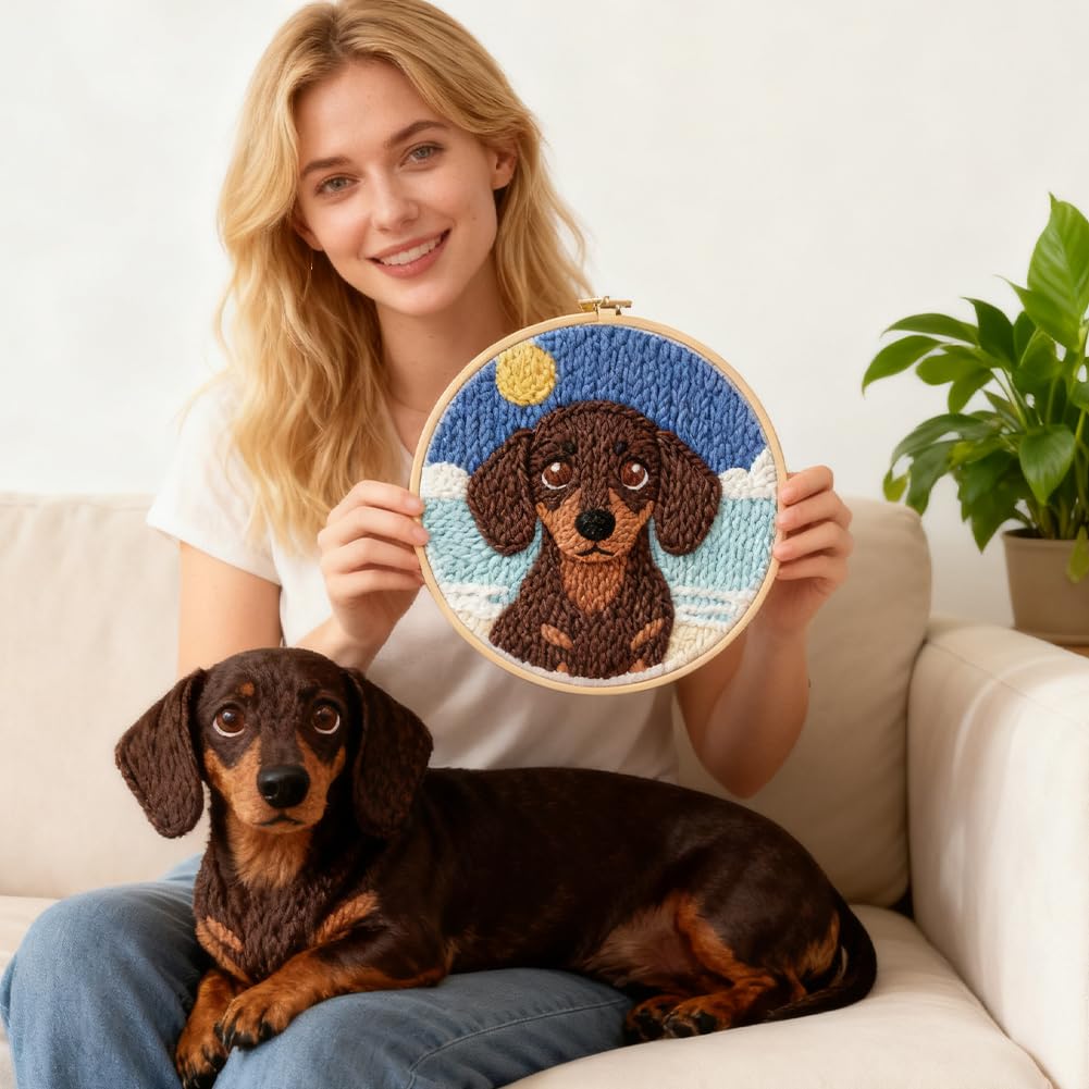 INFUNLY Dachshund Punch Needle Kits for Adults Beginners Brown Dog Needle Embroidery Starter Kit Puppy DIY Punch Needles Kit with Instruction Needles Fabric for Art Crafts Festival Gift Home Decor