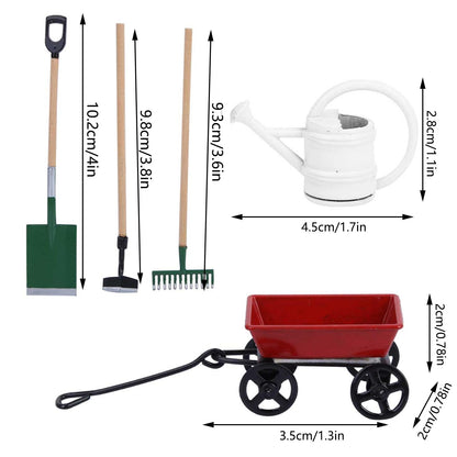 Fayelume Miniature Garden Tools, 5 Pcs of Garden Scene Model Mini Garden Tools, Doll House 1/12 Scale Accessories, Spade Pestle Rake Cart and Kettle for Doll House Garden Decor Accessories