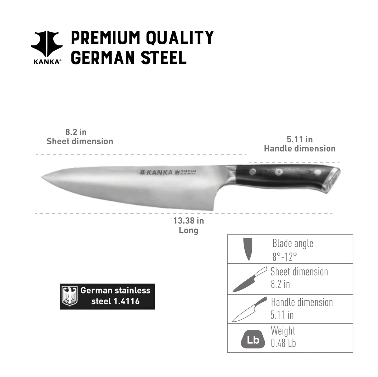 KANKA Professional 8 inch Chef Knife – High Grade 1.4116 Stainless Steel, Ultra-Premium G-10 Fiberglass Handle, Premium Wood Sheath Included – Essential Kitchen Knife for Chefs