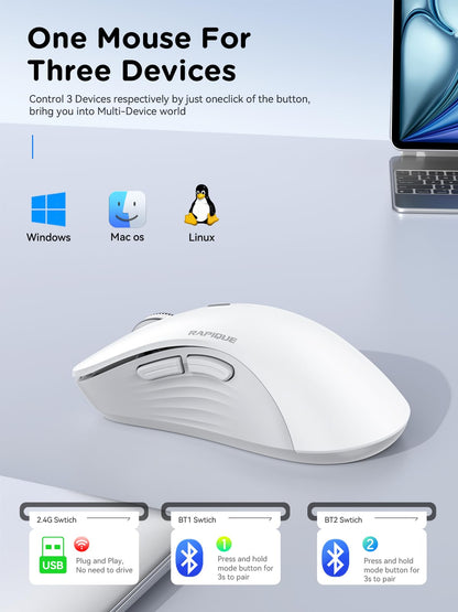 RAPIQUE Bluetooth Wireless Mouse - Dual Bluetooth & 2.4 GHz USB Receiver, Ergonomic Design, Quiet Clicks, Low Power - Multi-Device Compatibility for MacBook, Laptop, Computer, iPad Air/Pro (Pink)