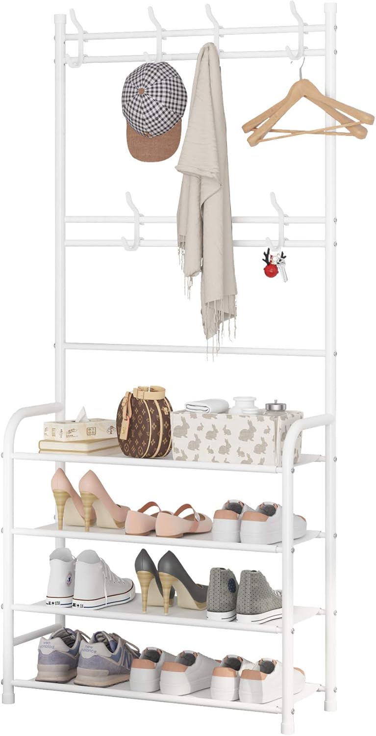 4-Tier UDEAR Entryway Coat Rack,Hall Tree Storage Shelf,Easy Assembly,with Shelf for Storage Shoes,Clothes,White