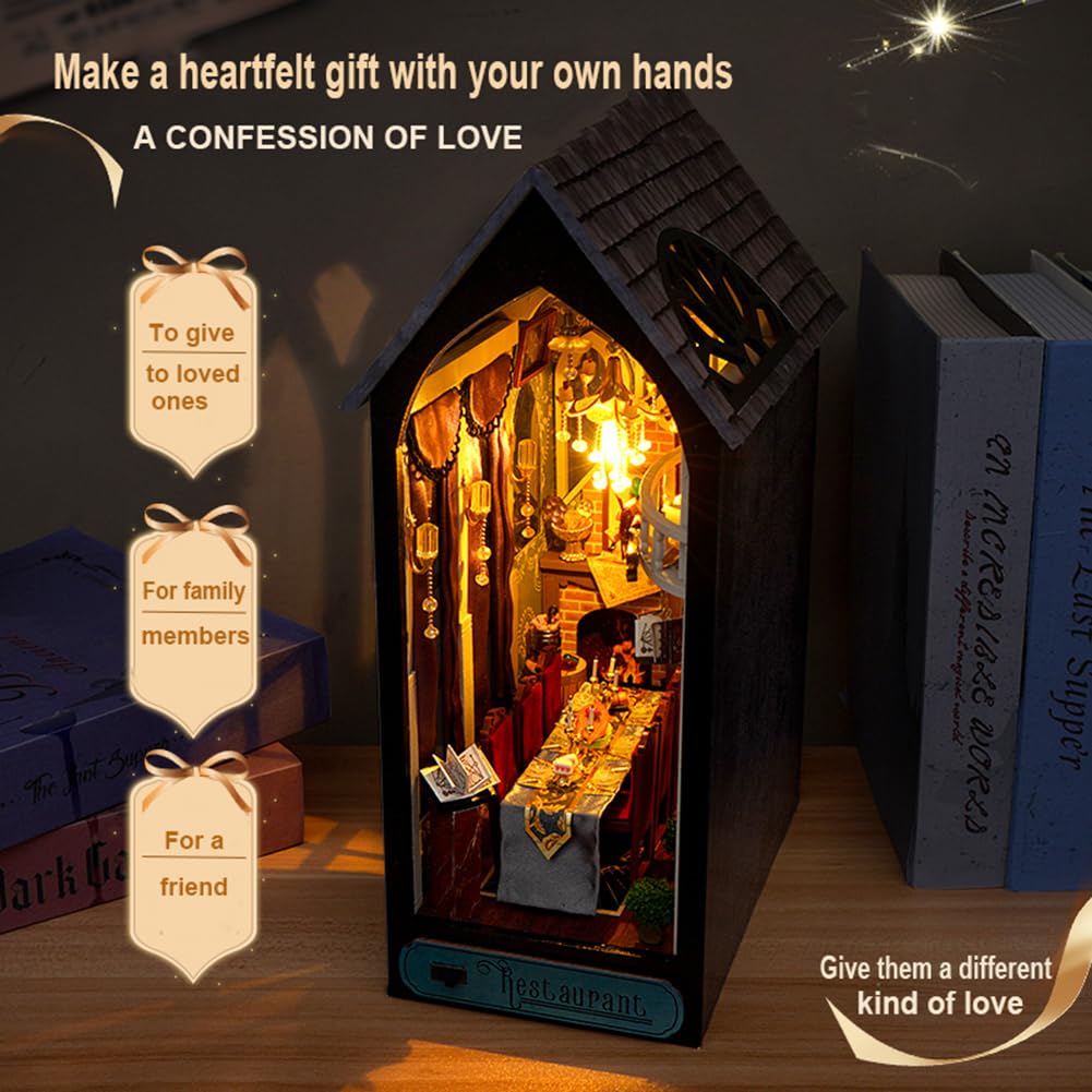DIY Miniature House Kit, European Style Book Nook Kit, Illusion Mirror Design Miniature Dollhouse Kit, Booknook Bookshelf Desktop Decor Model Build Creativity Gift for Women and Adults