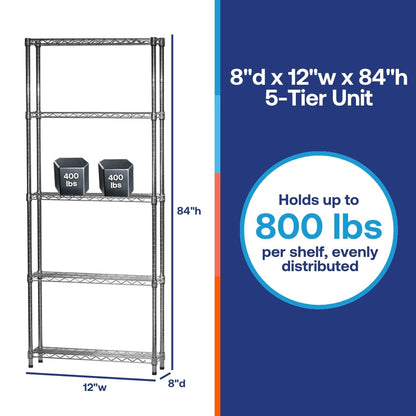 SI 5-Tier Chrome Wire Shelving Unit, 8" d x 12" w x 84" h, 800lbs Capacity Each, Modern Industrial Style, Perfect for Kitchen, Office, Garage, Bathroom, or Basement