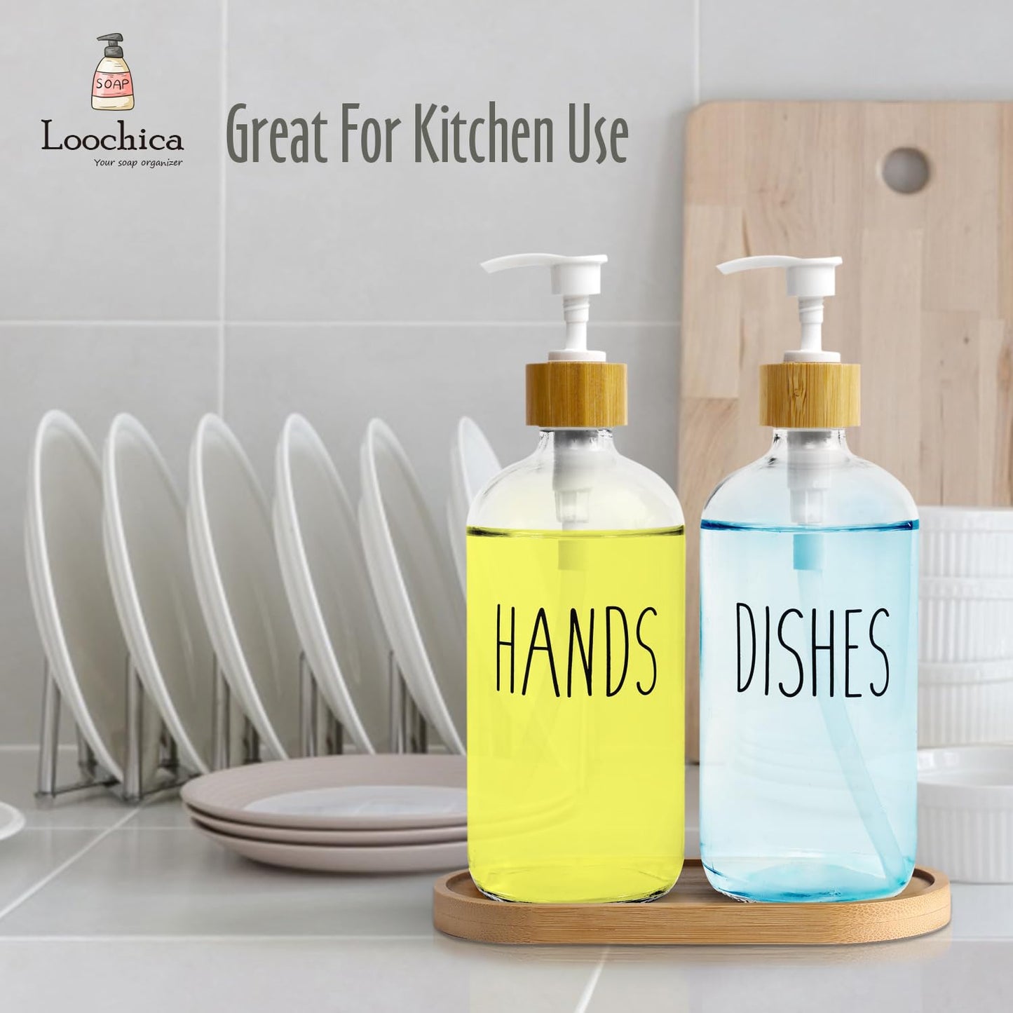 LOOCHICA Clear Glass Soap Dispenser Set with Tray, Transparent Dish and Hand Soap Dispenser Set, Refillable Reusable Apothecary Soap Pump Dispenser Bottles for Bathroom and Kitchen