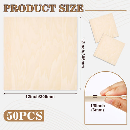 MITINU 50 Pack Basswood Sheets for Crafts,12"x12"x1/8" 3mm Thick Plywood Sheets with Smooth Surfaces-Unfinished Squares Wood Boards for Laser Cutting, Wood Burning, Architectural Models, Staining