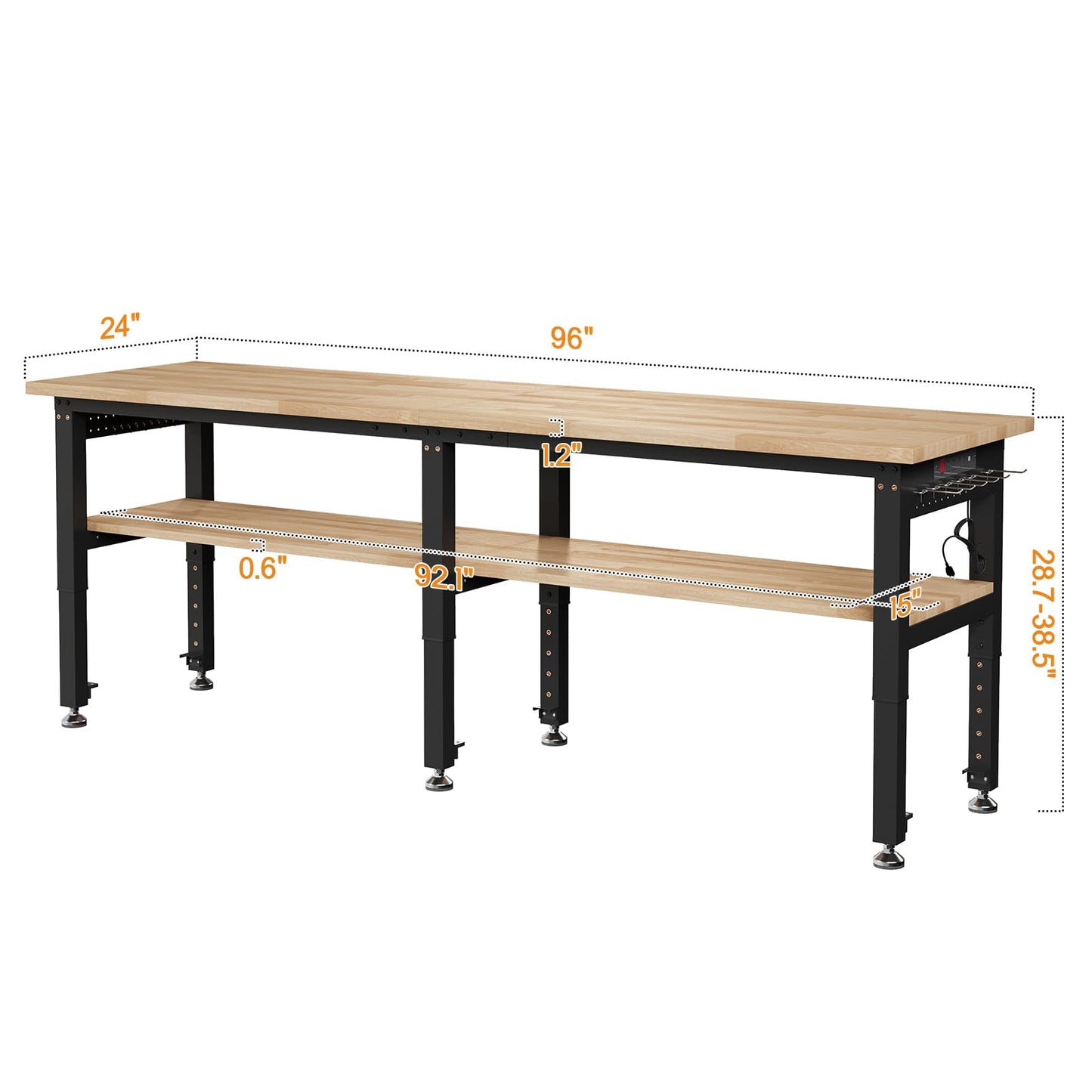 Albott 96" Adjustable 2-Tier Workbench with Solid Wood Top, Max 6000lbs Capacity, Built-in Power Strip with 4 AC Outlets & 2 USB Ports, Pegboard & 20 Hooks, Shop Garage Office