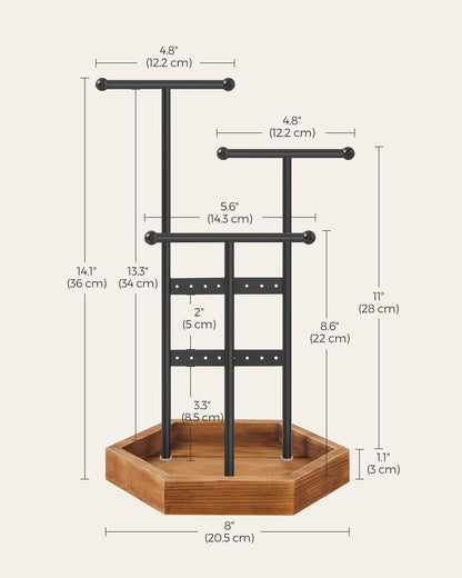 SONGMICS Jewelry Holder, Jewelry Organizer, 3 Tiers and 1 Tray, Jewelry Display Stand with Metal Frame, Necklace Earring Bracelet Holder, for Rings, Ink Black and Caramel Brown UJJS03CB
