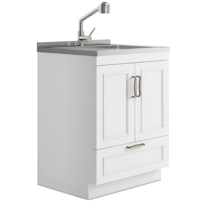 SIMPLIHOME Cardinal All-in-One 28 inch Wide Utility Sink and Laundry Cabinet in Pure White Finish, Transitional Stainless Steel Sink Cabinet for Laundry Rooms with Pull-Out Brushed Nickel Faucet