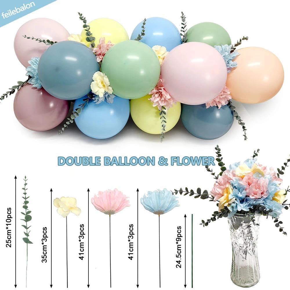 Pink Blue Green Balloon Arch Kit with Artificial Flowers, Double Stuffed Light Baby Yellow Pink Blue Green Pastel Floral Balloon Garland for Baby Shower Wedding Birthday Fairy Spring Tea Party Decor