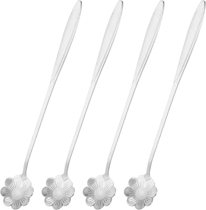 uxcell 4Pcs Stainless Steel Flower Spoon, 7 Inch Long Handle Teaspoon for Ice Cream, Coffee, Cocktail Mixing, Silver