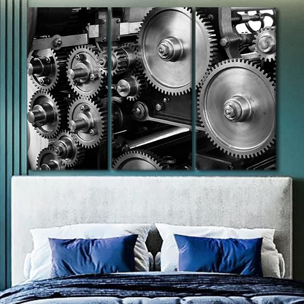 Pictures for Living Room - Black and White Gear Engine Artwork 3 Piece Canvas Prints Framed Wall Art House Decor 42"