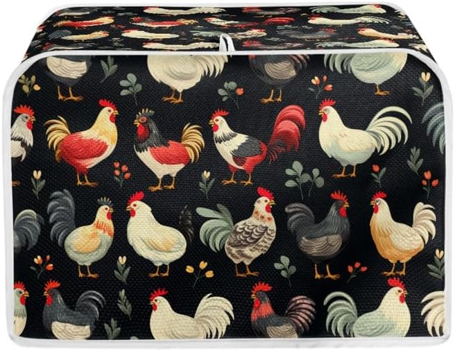 2 Slice Toaster Cover, Farm Chicken Rooster Design, Dust Protection with Hang Loop, Easy to Store (14x14") 2PCS