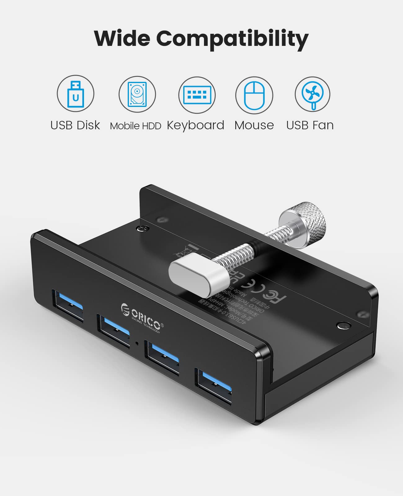 ORICO USB 3.0 Hub, USB Hub Clamp, Aluminum 4-Port USB Splitter with Extra Power Supply Port and 4.92 FT USB Data Cable, Desktop Powered USB Hub for Monitors/Desks-Black (Without Power Adapter)