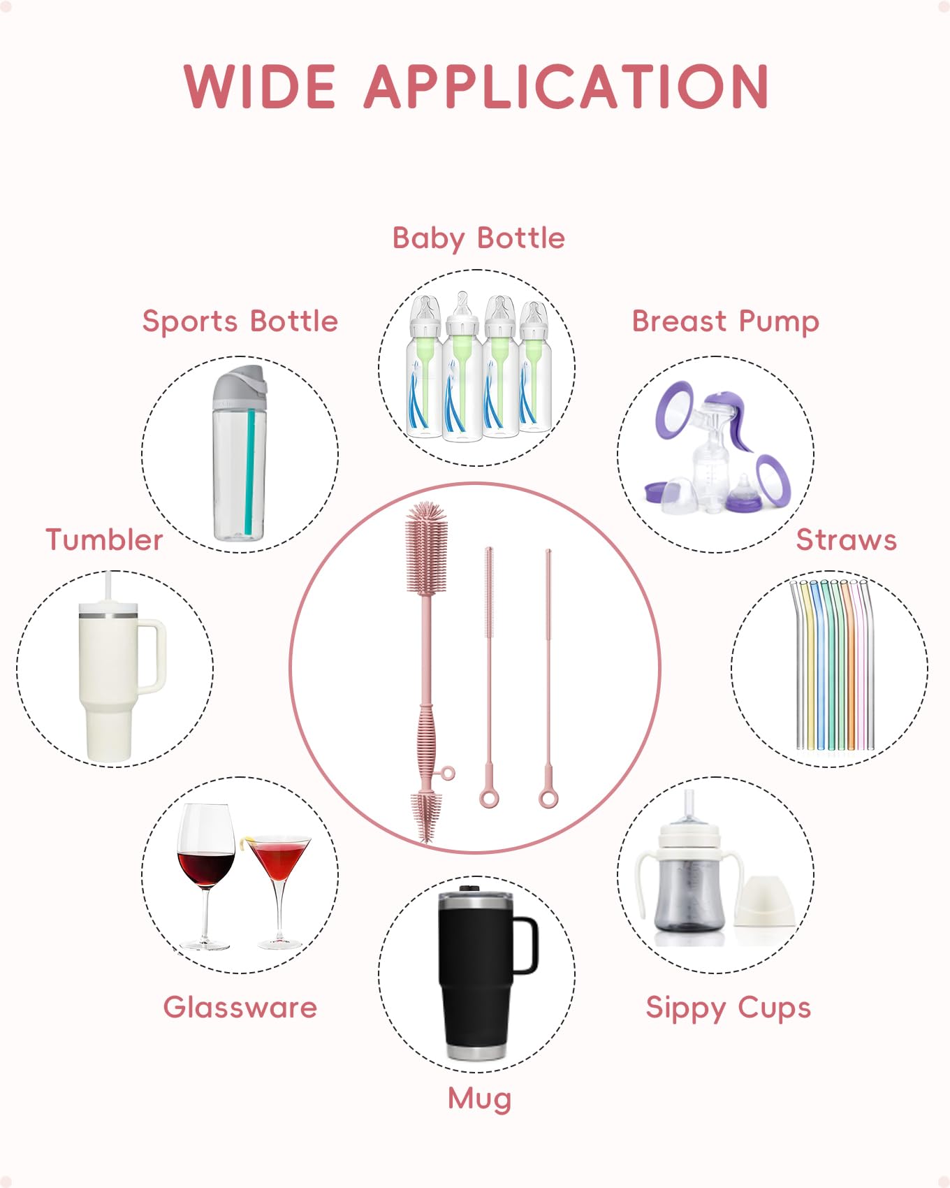 Silicone Cleaning Brush Kit,Water Bottle and Straw Cleaner Brush Set for Tumbler,Baby Bottle,Breast Pump Part,Nipple,Sippy Cup,Glass,Dishwasher Safe,BPA Free,3 Pcs