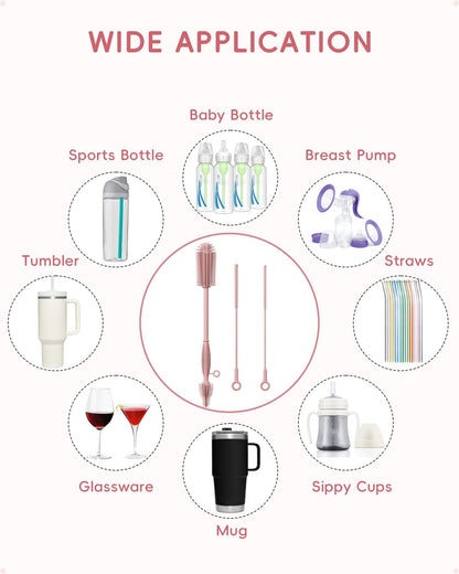 Silicone Cleaning Brush Kit,Water Bottle and Straw Cleaner Brush Set for Tumbler,Baby Bottle,Breast Pump Part,Nipple,Sippy Cup,Glass,Dishwasher Safe,BPA Free,3 Pcs