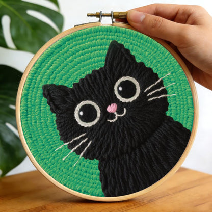 BEUNITONE 2Pcs Cute Cat Punch Needle Kit for Beginners, Starter Embroidery Kits with Frame & Instructions, Needle Felting Kit Poke Art for Adults DIY Handmade Craft for Coasters, Bags, Clothes Decor