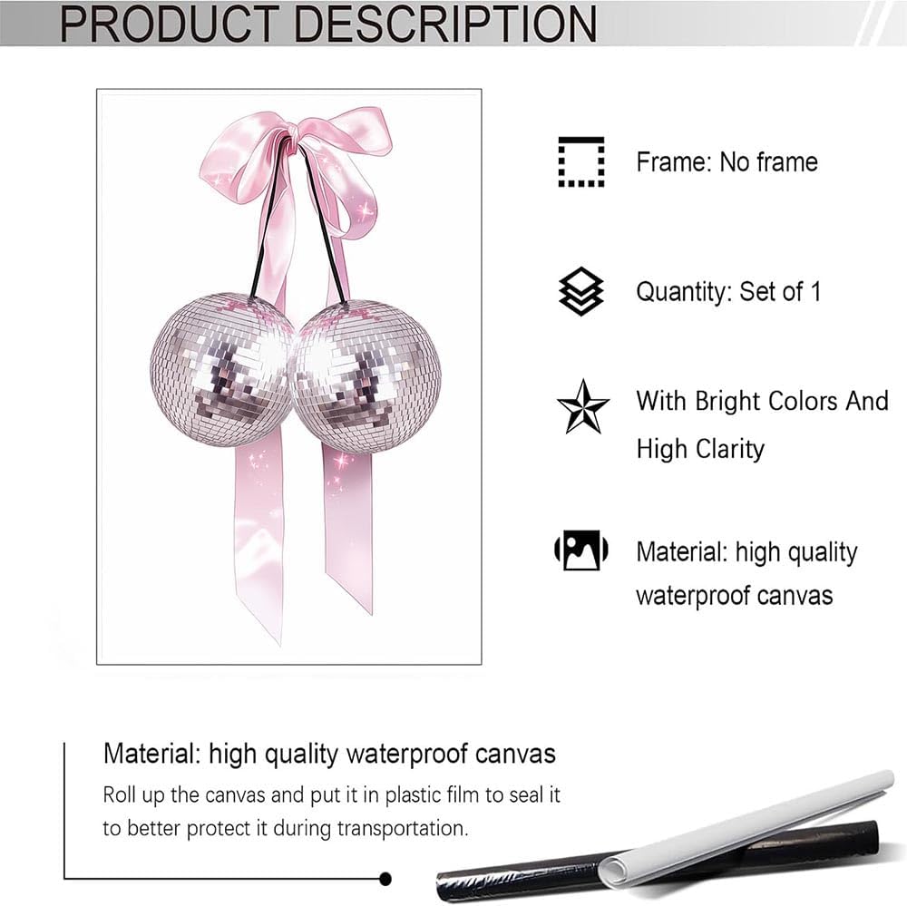 Generic 12x18in Trendy Pink Bow Disco Ball Posters White Cherry Canvas Wall Art Funky Coquette Bow Ribbon Preppy