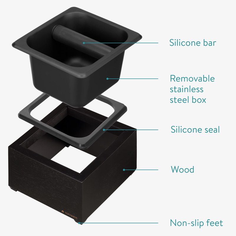 Navaris Coffee Knock Box - Stainless Steel and Wood Bin for Espresso Machine Coffee Grounds - With Silicone Bar for Knocking Filter Grinds - Black