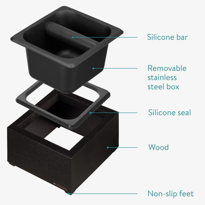 Navaris Coffee Knock Box - Stainless Steel and Wood Bin for Espresso Machine Coffee Grounds - With Silicone Bar for Knocking Filter Grinds - Black