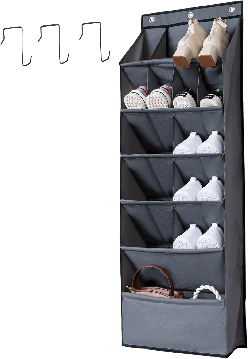 16 600D 6 1-Grid) Over the Door Shoe Organizer, Grey Pockets Hanging Shoe Storage Rack with Large Deep Pockets, Oxford