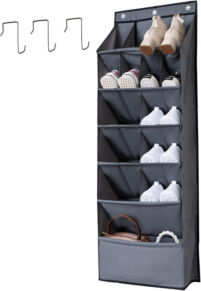 16 600D 6 1-Grid) Over the Door Shoe Organizer, Grey Pockets Hanging Shoe Storage Rack with Large Deep Pockets, Oxford