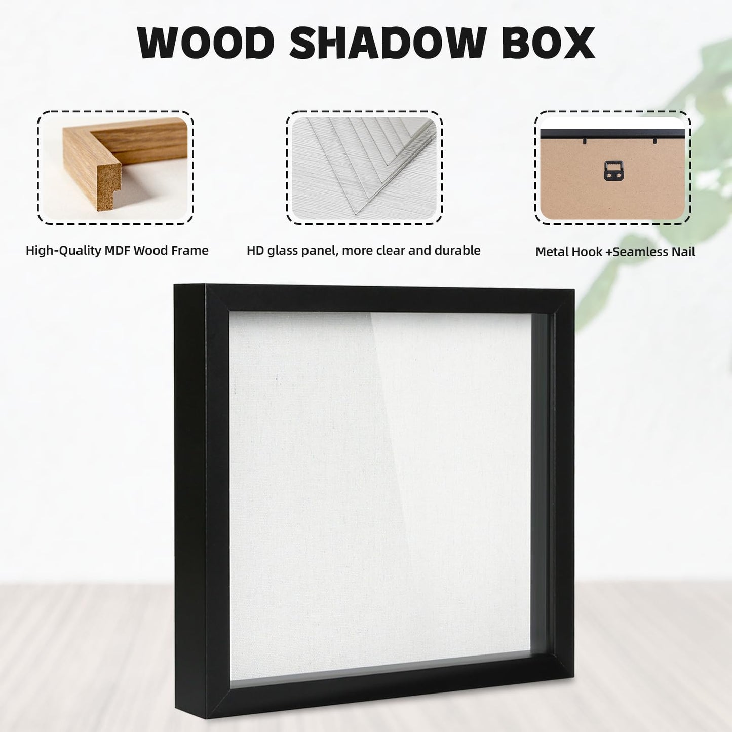 Muzilife 10x10 Shadow Box Picture Frame with Linen Board - Deep Wood & Glass Display Case Ready to Hang Memory Box Baby Sports Memorabilia, Pins, Awards, Medals, Wedding, Tickets and Photos (Black)